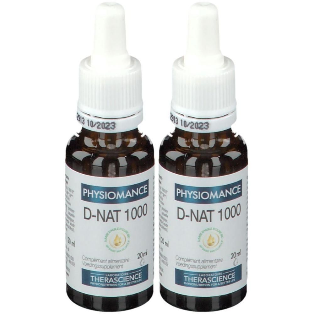 Deux flacons de Physiomance D-NAT 1000. Flacons en verre brun avec bouchon blanc et étiquette. Inscription: D-NAT 1000, Therascience.