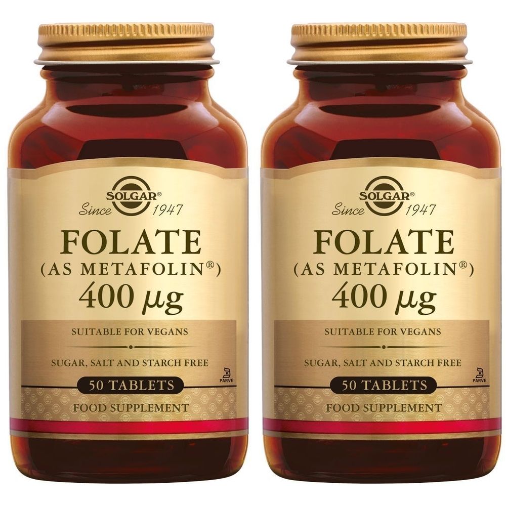 Deux flacons Folate (as Metafolin) 400 µg. Convient aux végétaliens. 50 comprimés.