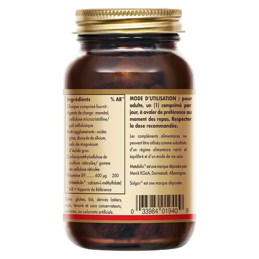 Dos du flacon en verre brun. Texte avec ingrédients, mode d'emploi et informations nutritionnelles.