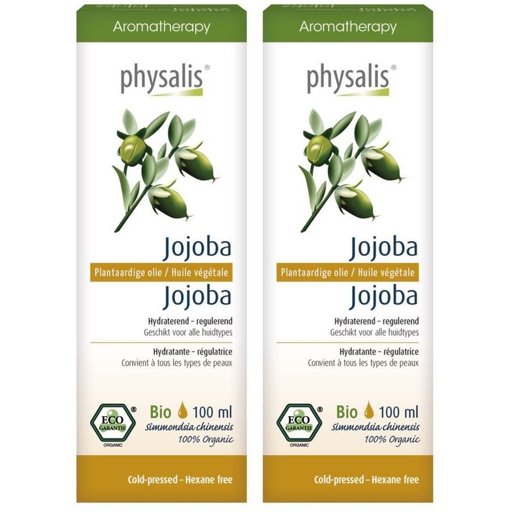 Deux emballages d'huile de Jojoba. Étiquettes vertes avec illustration végétale et texte. Certification Bio. Flacons non visibles.