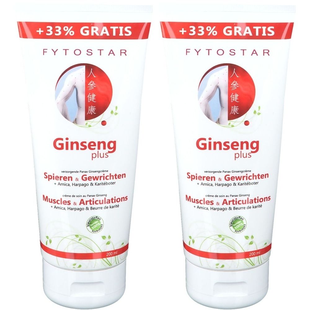 Deux tubes de Fytostar Ginseng Plus. Tubes blancs avec texte rouge et vert. Texte: Ginseng plus, Muscles & Articulations.