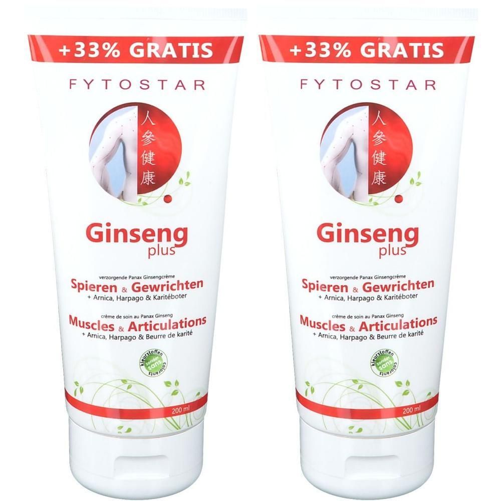 Deux tubes de Fytostar Ginseng Plus. Tubes blancs avec texte rouge et vert. Texte: Ginseng plus, Muscles & Articulations.