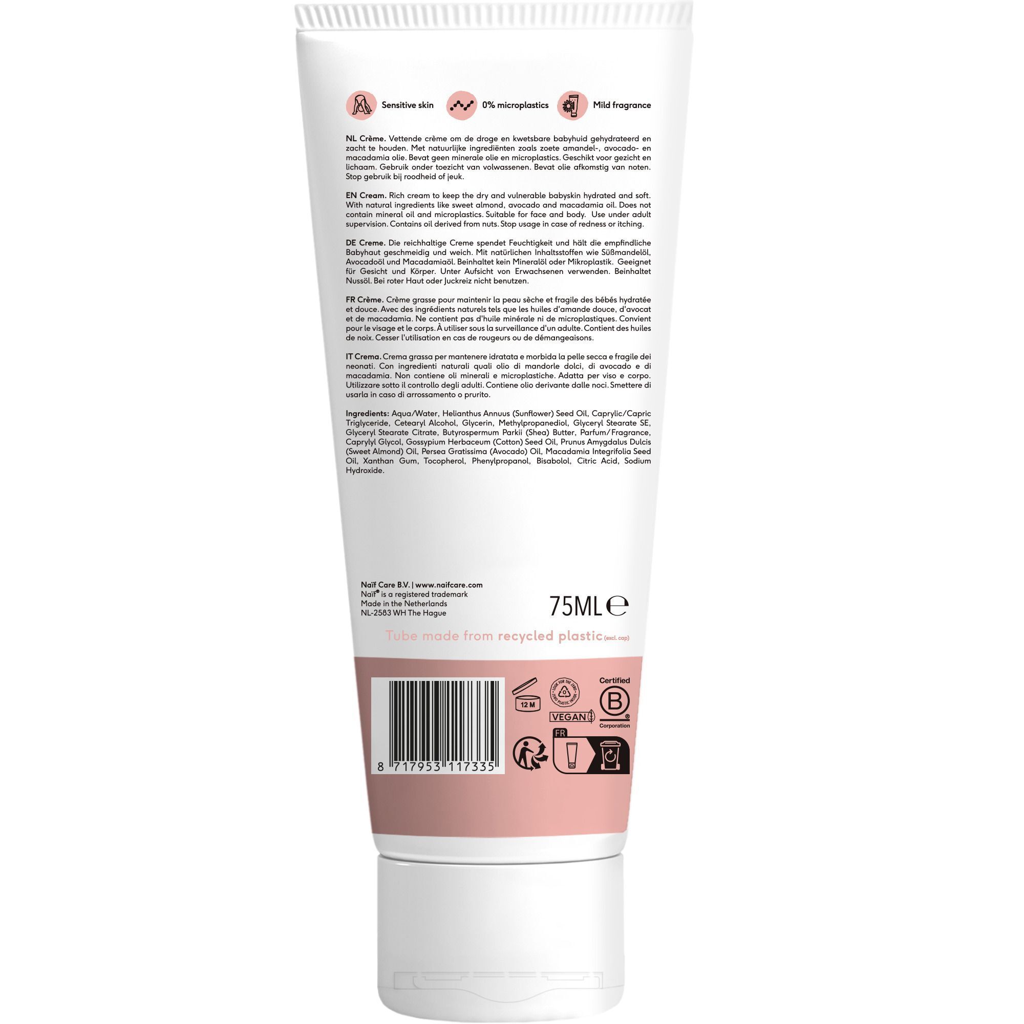 Arrière d'un tube de Crème Riche NAÏF Bébé & Enfants avec informations produit et logos.