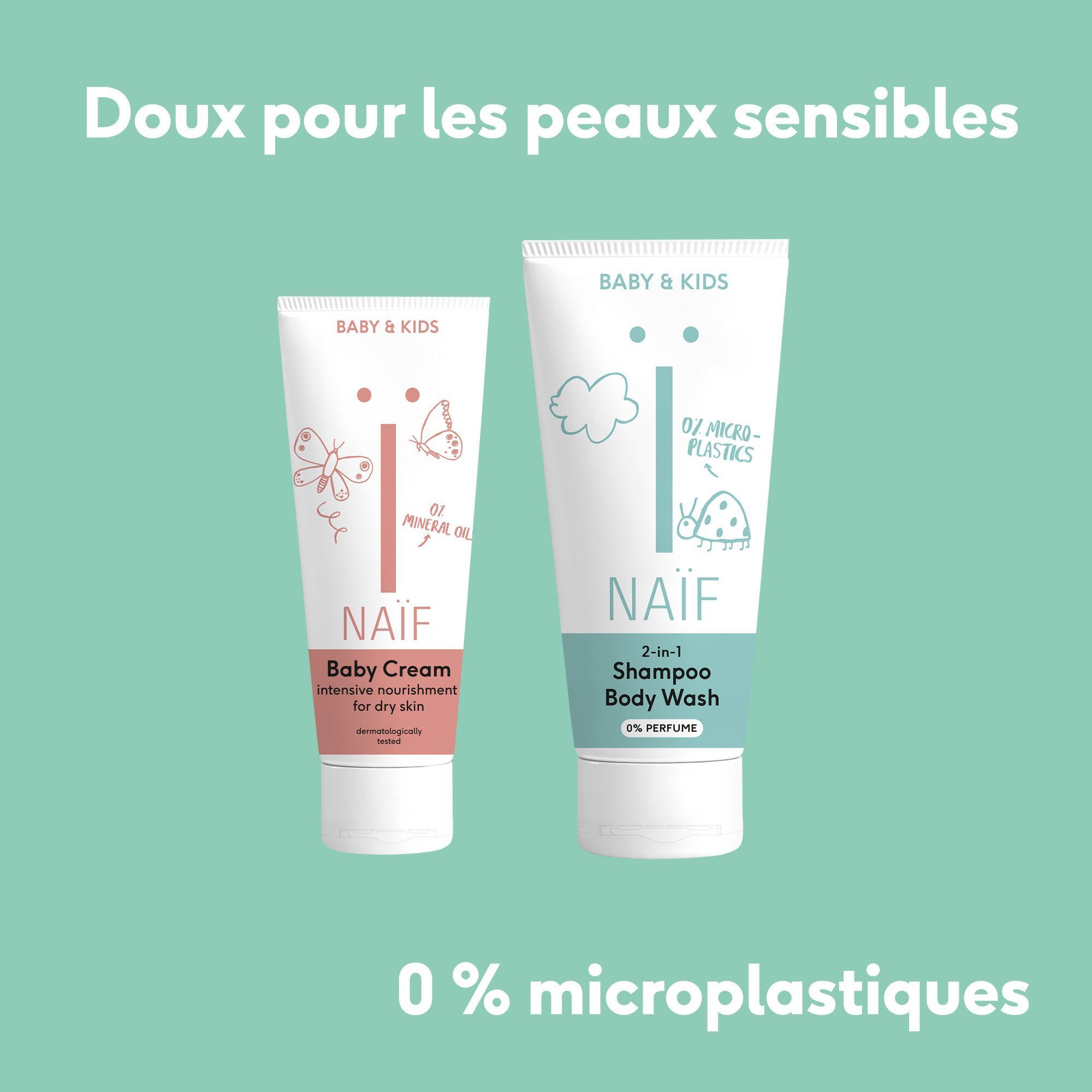 Deux tubes NAÏF : Crème Riche et Shampooing/Gel Douche, avec texte '0% microplastiques'.