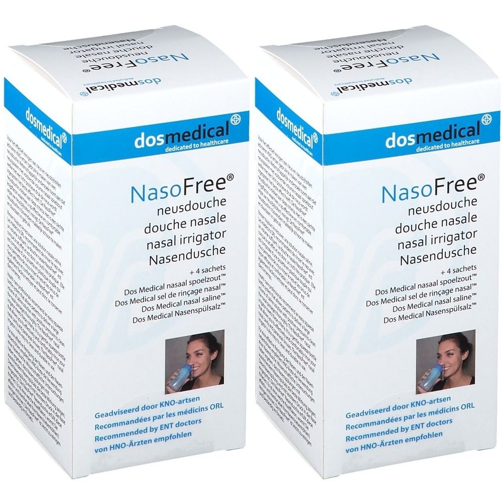 Deux boîtes de NasoFree douche nasale. Emballage bleu et blanc avec nom et logo du produit. Contient 4 sachets de sel.