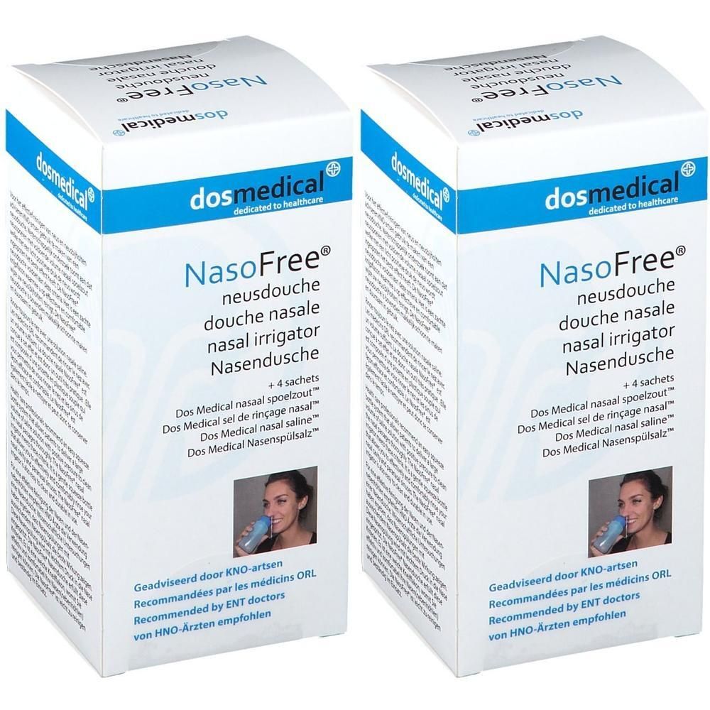 Deux boîtes de NasoFree douche nasale. Emballage bleu et blanc avec nom et logo du produit. Contient 4 sachets de sel.