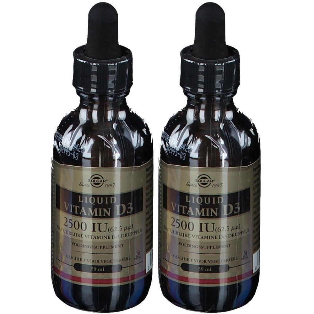 Deux flacons de Solgar Liquid Vitamin D3 avec compte-gouttes. Flacons en verre brun avec étiquette. Inscription : Liquid Vitamin D3.