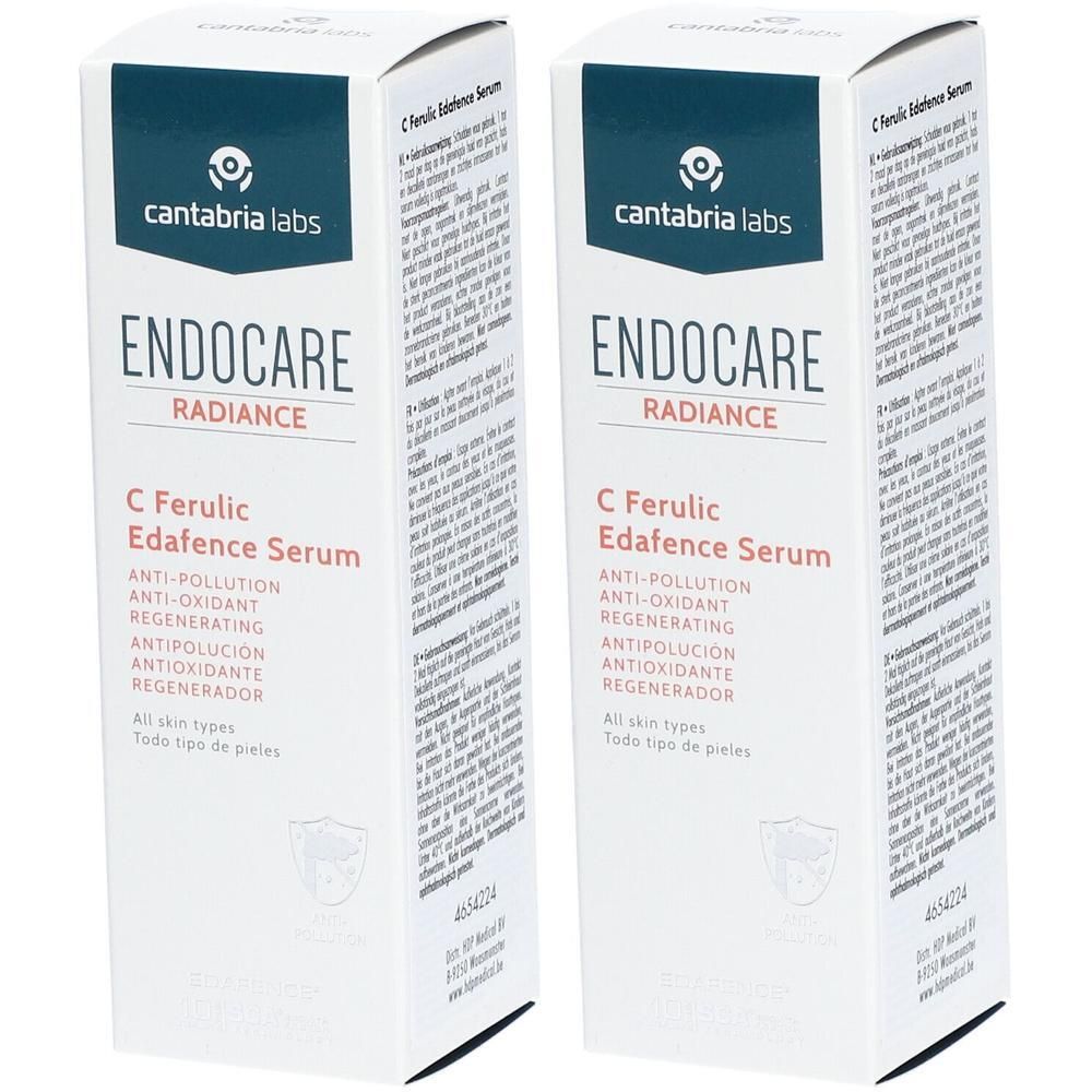 Deux boîtes blanches avec texte. Endocare Radiance C Ferulic Edafence Serum. Logo Cantabria Labs. Pour tous types de peau.