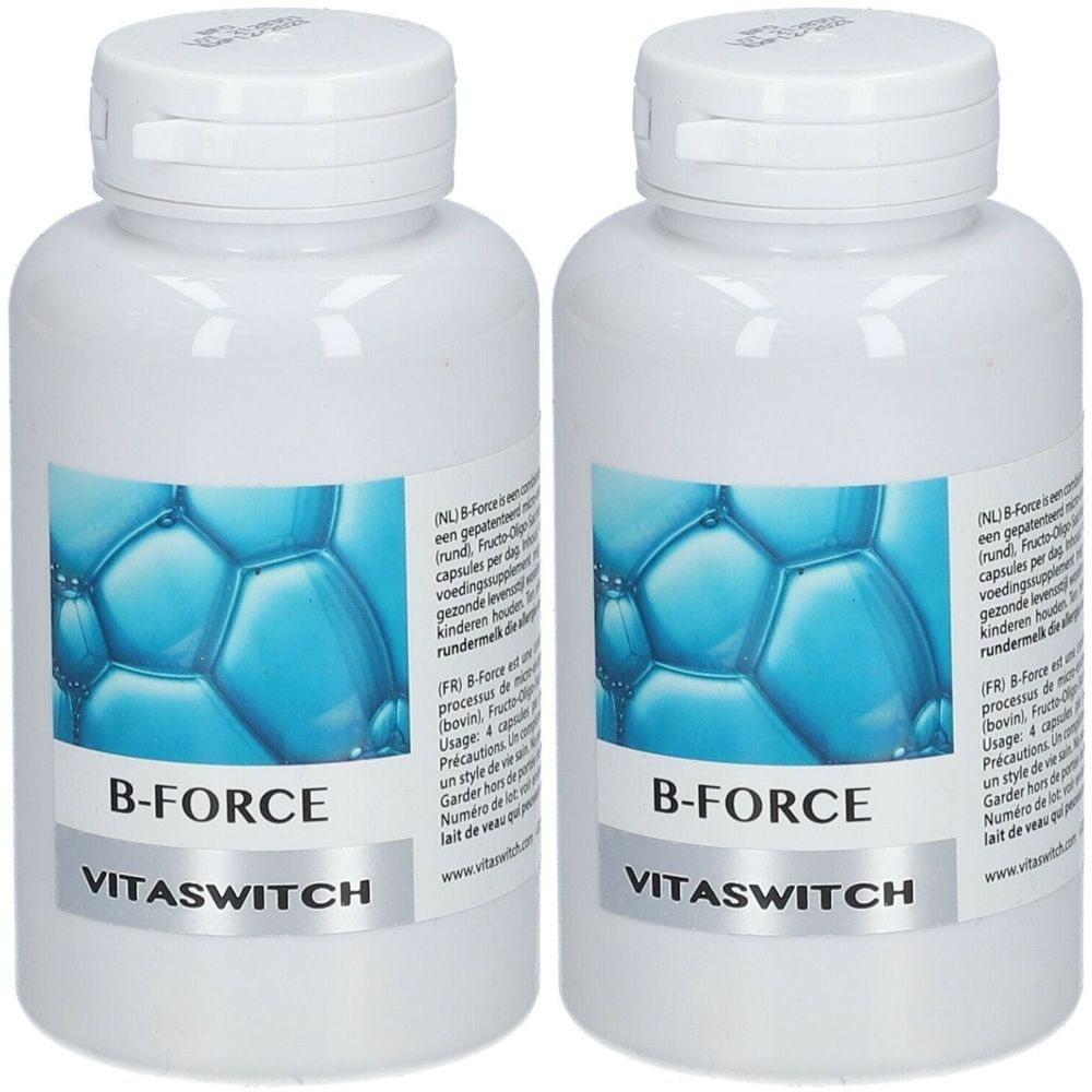 Deux flacons blancs avec bouchons à vis. Étiquettes avec motif bleu et texte: B-FORCE, VITASWITCH. Inscriptions en néerlandais et en français.