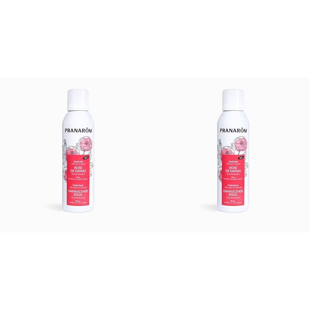 Deux flacons spray blancs avec étiquette rose et motif floral. Texte: Pranarôm, Hydrolat Rose de Damas, Bio.