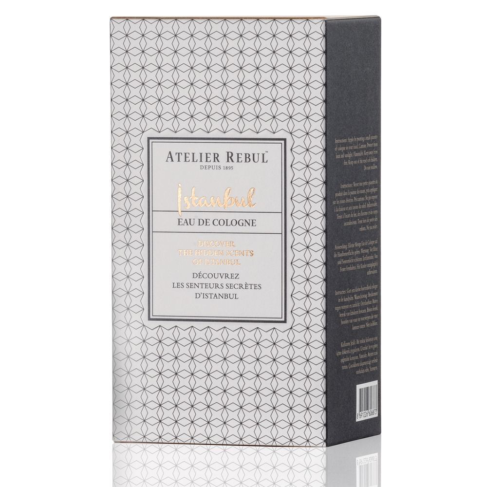Emballage ATELIER REBUL Istanbul Eau de Cologne. Motif blanc, fond noir. Inscription : Istanbul Eau de Cologne.