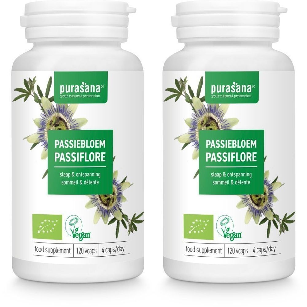 Deux flacons blancs avec étiquettes. Inscription : PURASANA Passiebloem Passiflore. Label Vegan. 120 Vcaps, 4 caps/jour.