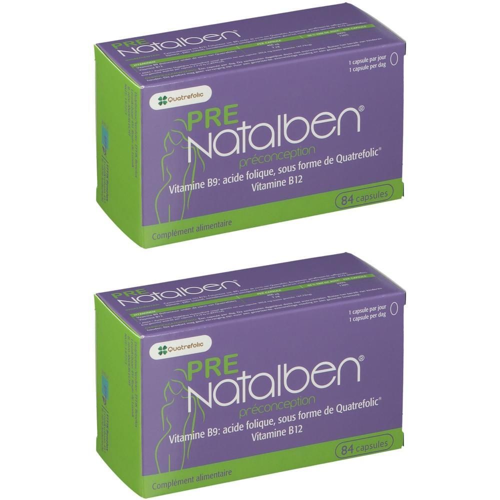 Deux boîtes de PRE Natalben préconception. Emballage violet et vert avec nom du produit et informations.