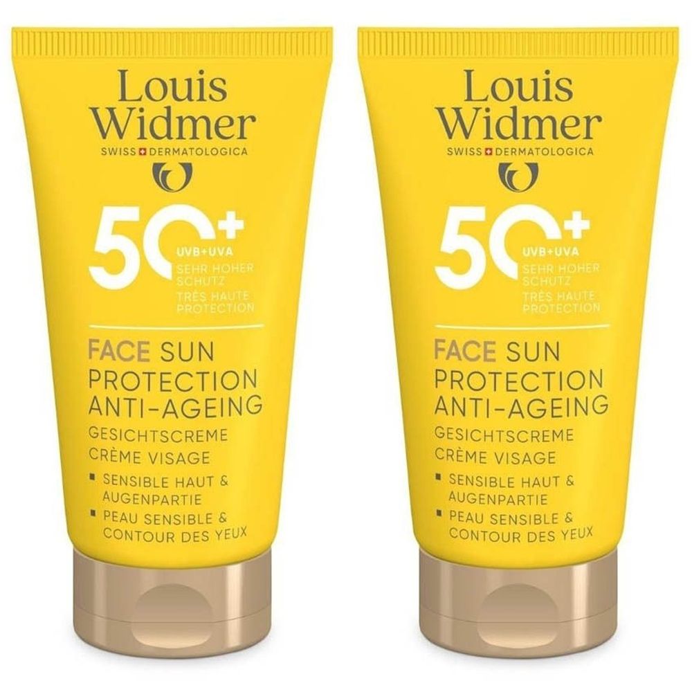 Deux tubes jaunes de protection solaire Louis Widmer. Inscription: Face Sun Protection Anti-Aging SPF 50+. Pour peau sensible.