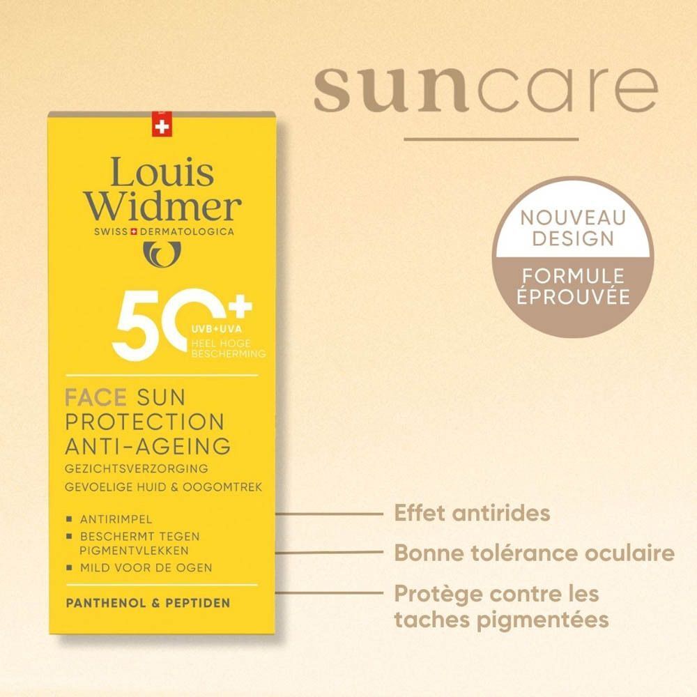 Emballage Louis Widmer Protection Solaire Anti-Âge SPF 50+ avec caractéristiques produit.
