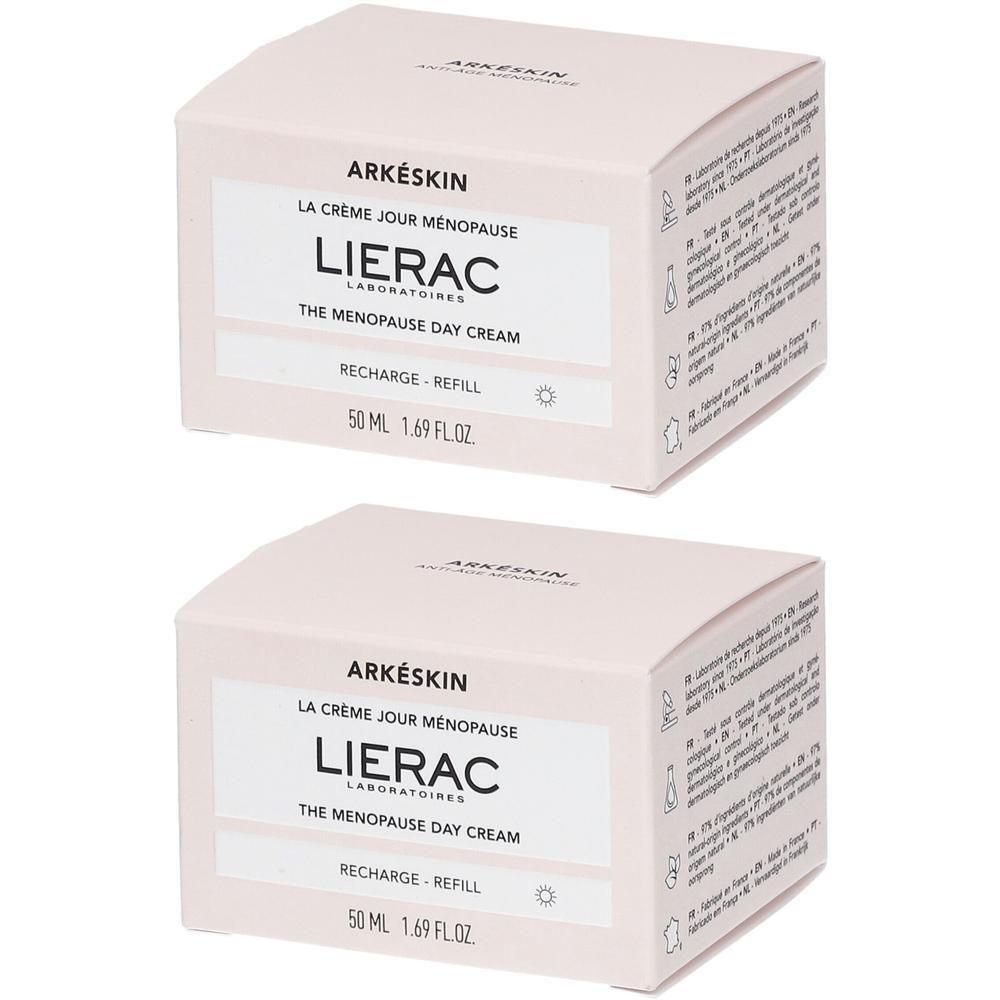 Deux boîtes roses avec texte. Inscription : Arkéskin La Crème Jour Ménopause, Lierac Laboratoires, 50 ml.
