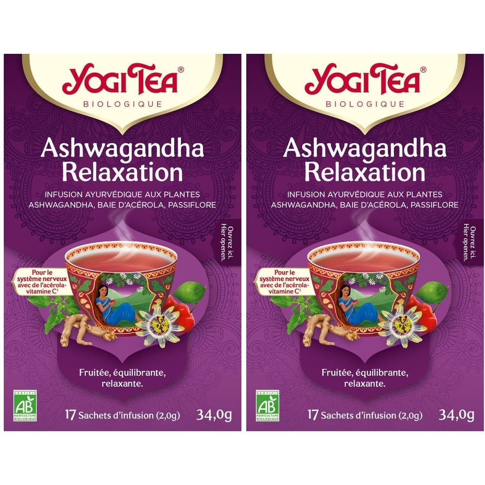 Deux boîtes de YogiTea® Ashwagandha Relaxation. Boîtes violettes avec logo, nom du produit et image d'une tasse de thé. 17 sachets.