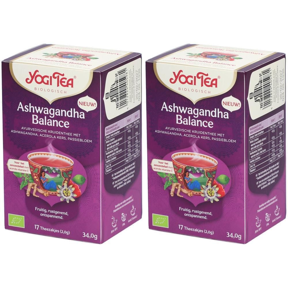 Deux boîtes de YogiTea® Ashwagandha Balance. Boîtes violettes avec logo, nom du produit et image d'une tasse de thé. 17 sachets.