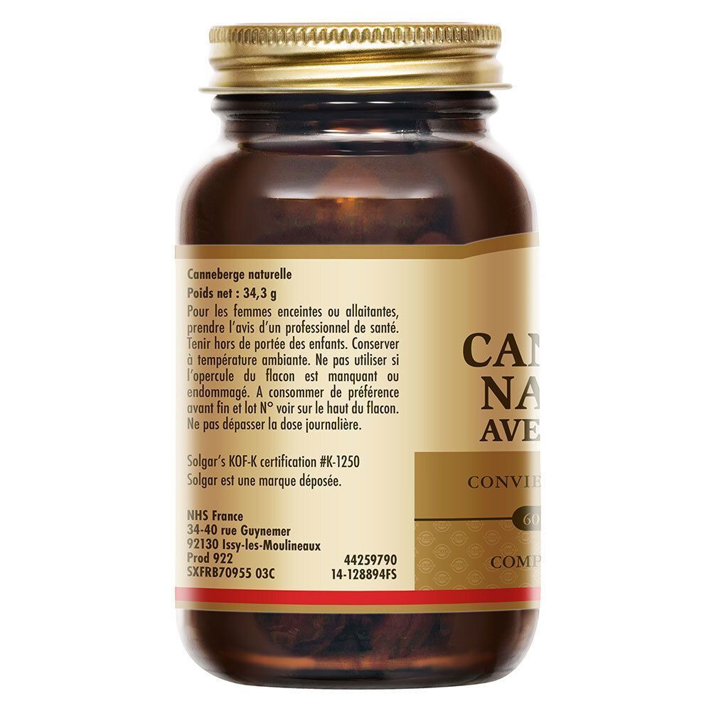 Flacon en verre brun avec bouchon doré et étiquette. Texte : CANNEBERGE NATURELLE AVEC VITAMINE C. Verso avec texte.