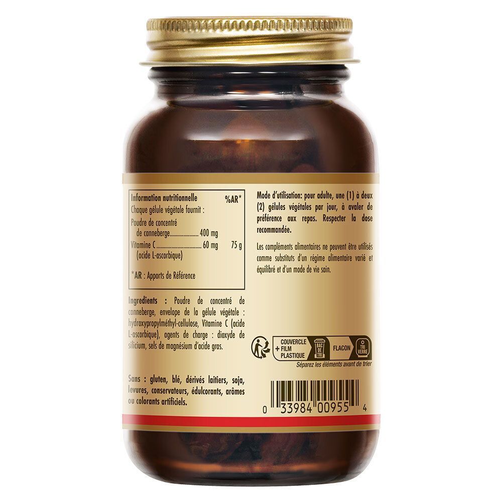 Dos du flacon en verre brun avec bouchon doré. Texte : informations nutritionnelles, ingrédients, mode d'emploi.