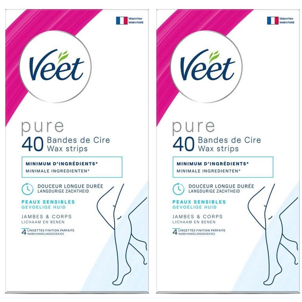 Deux boîtes de bandes de cire Veet MINIMA Pure. Emballage rose et blanc avec nom et informations. Illustration de jambes.
