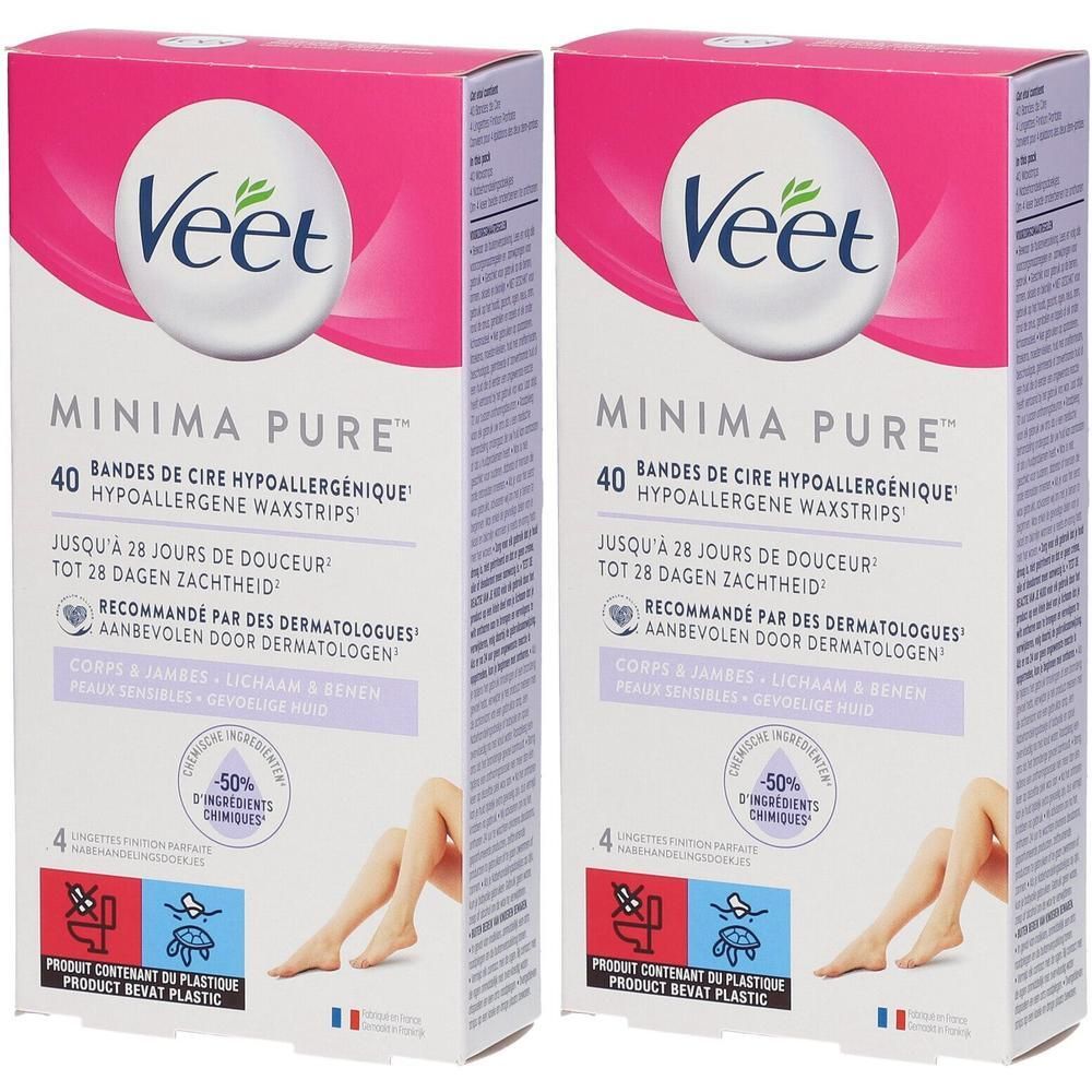 Deux boîtes de bandes de cire Veet MINIMA Pure. Emballage rose et blanc avec nom et informations. Illustration de jambes.