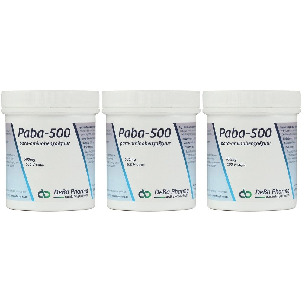 Trois pots blancs avec l'inscription Paba-500, para-aminobenzoëzuur, 500mg, 100 V-caps. Logo DeBa Pharma.