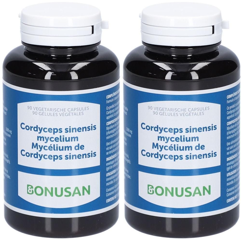 Deux flacons de Bonusan Cordyceps sinensis Mycelium. Étiquettes bleues avec informations produit, couvercles blancs.