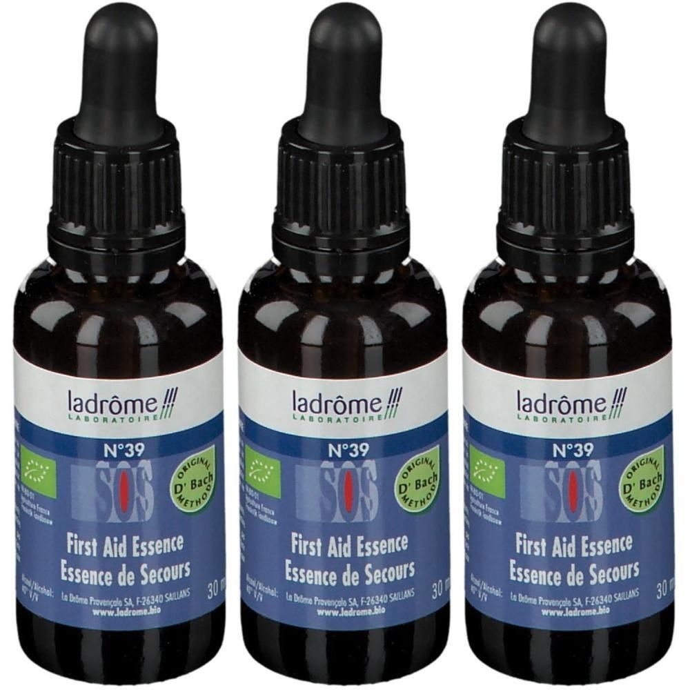 Trois flacons avec compte-gouttes. Étiquettes bleues avec texte: "ladrôme Laboratoire", "SOS", "First Aid Essence". Certification bio.