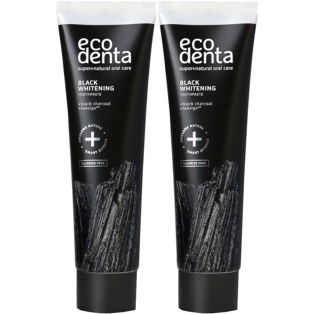 Deux tubes de dentifrice noir avec texte blanc. Inscription : Ecodenta Black Whitening, plus logo et texte.