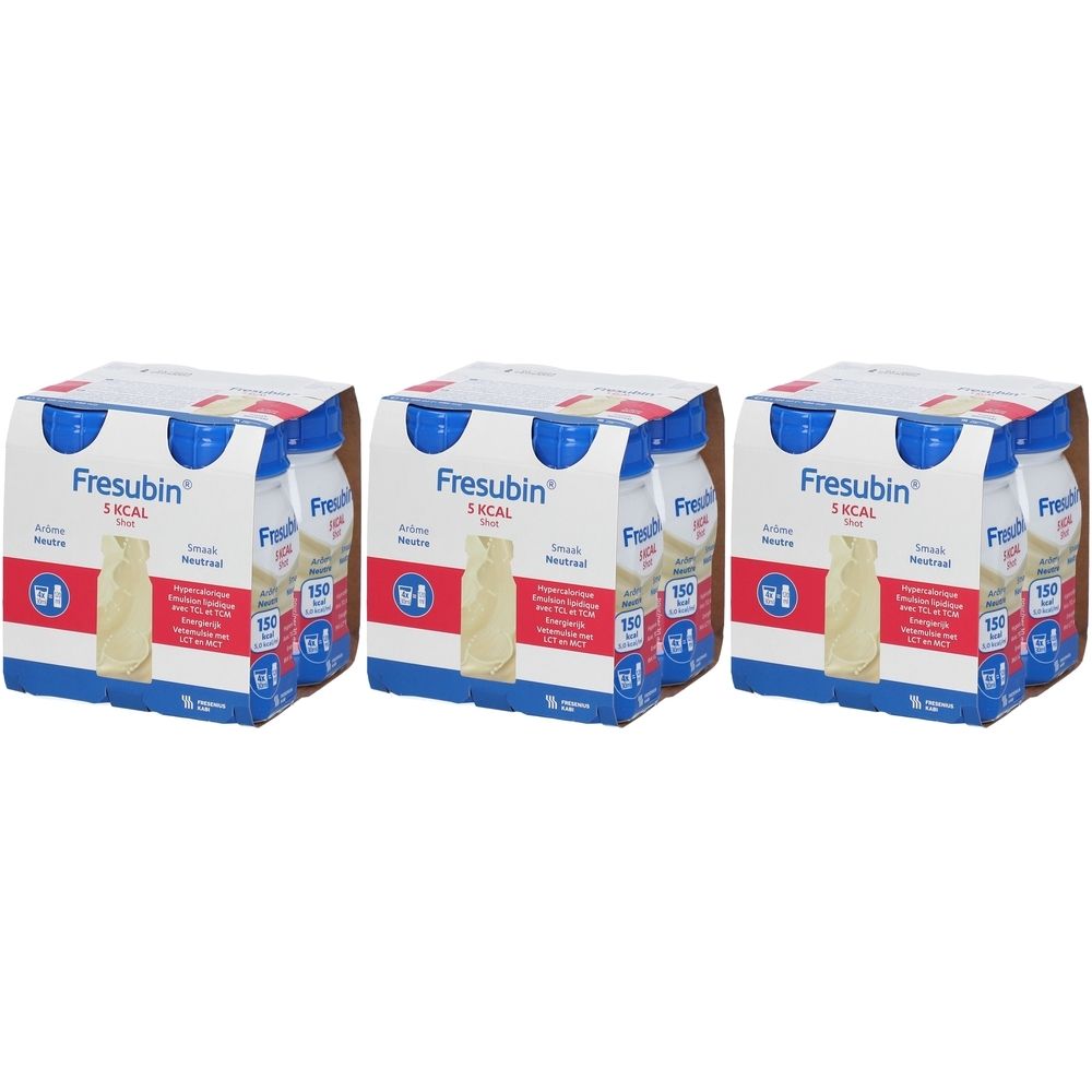 Trois emballages de Fresubin 5 kcal Shot Neutre. Chaque emballage contient des bouteilles avec des bouchons bleus. Inscriptions : Fresubin, 5 kcal.