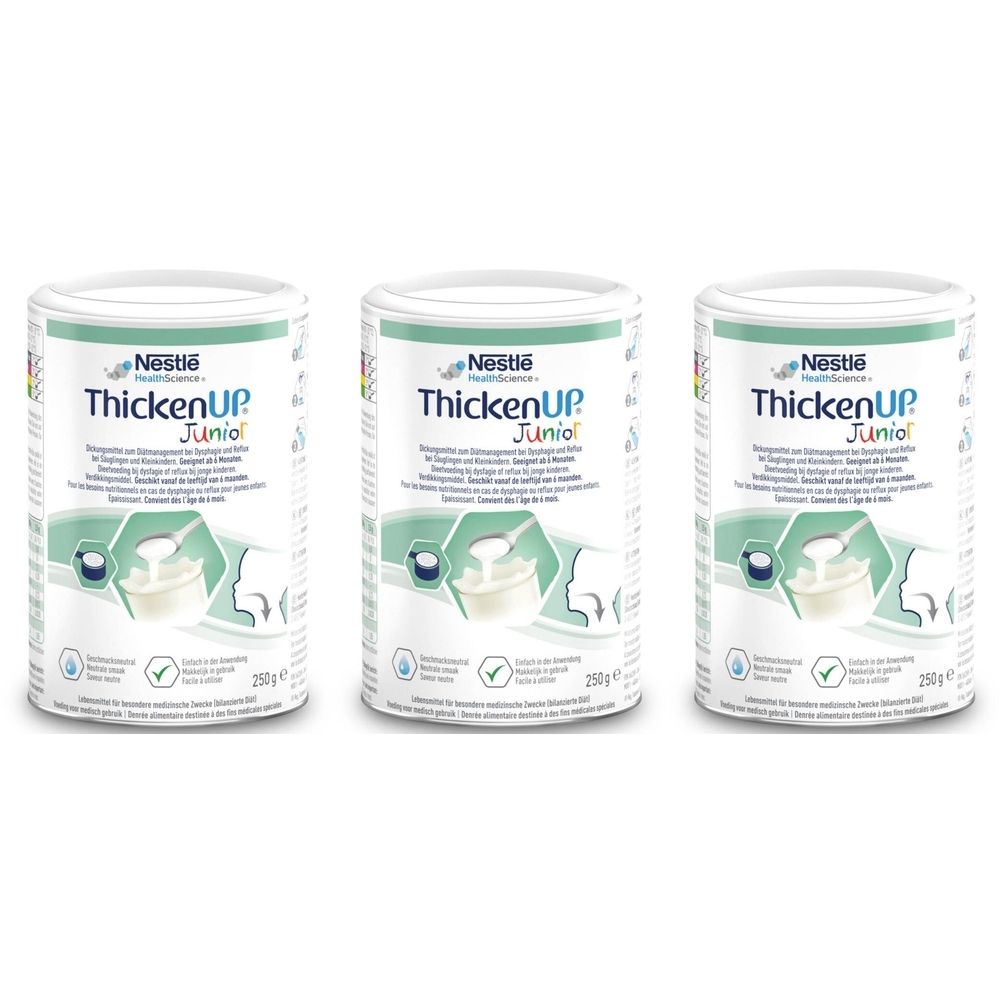Trois boîtes de ThickenUP Junior. Boîtes blanches avec texte bleu-vert. Inscription : Nestle Health Science, ThickenUP Junior, 250g.