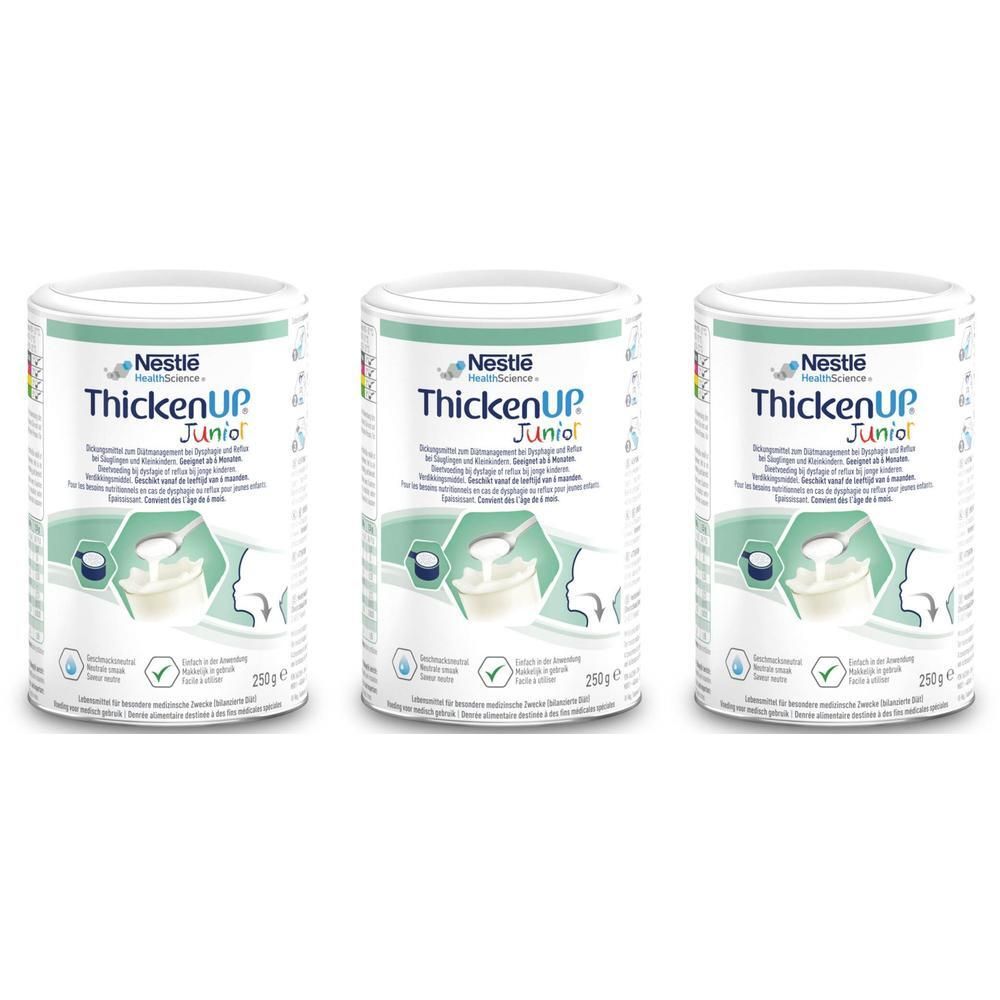 Trois boîtes de Nestle Health Science ThickenUP Junior. Boîtes blanches avec texte bleu-vert. Inscription : ThickenUP Junior.