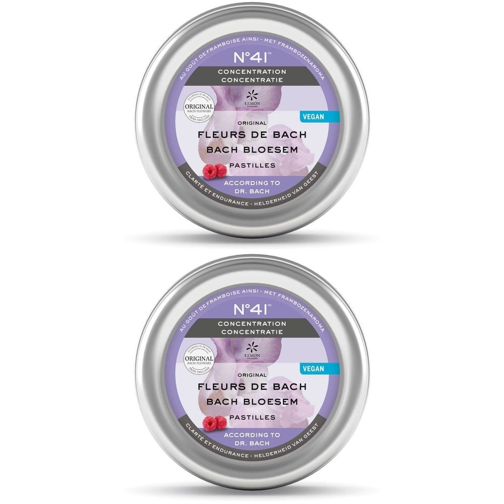 Deux boîtes rondes en métal avec étiquette violette. Texte : Fleurs de Bach, Pastilles, N°41 Concentration. Label végan.