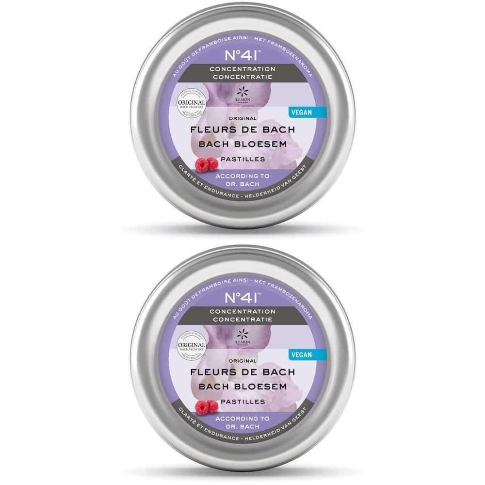 Deux boîtes rondes en métal avec étiquette violette. Texte : Fleurs de Bach, Pastilles, N°41 Concentration. Label végan.