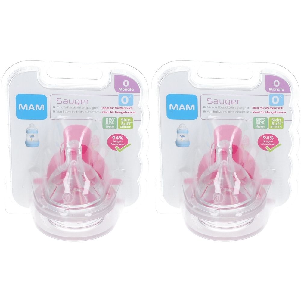 Deux tétines MAM en blister. Silicone rose, taille 0. Avec fonction Easy-Cuff et 94% d'acceptation.