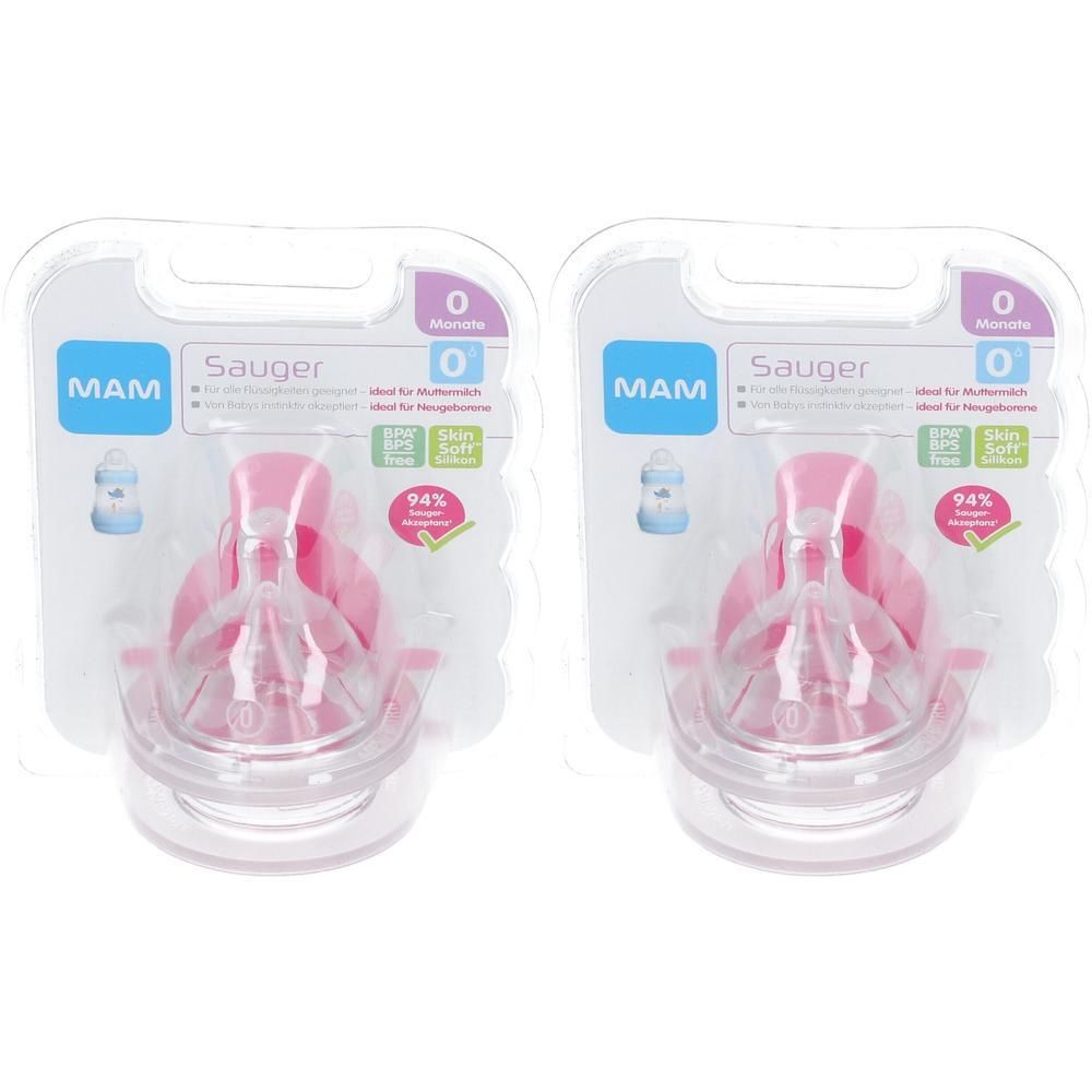 Deux tétines MAM en blister. Silicone rose, taille 0. Avec fonction Easy-Cuff et 94% d'acceptation.