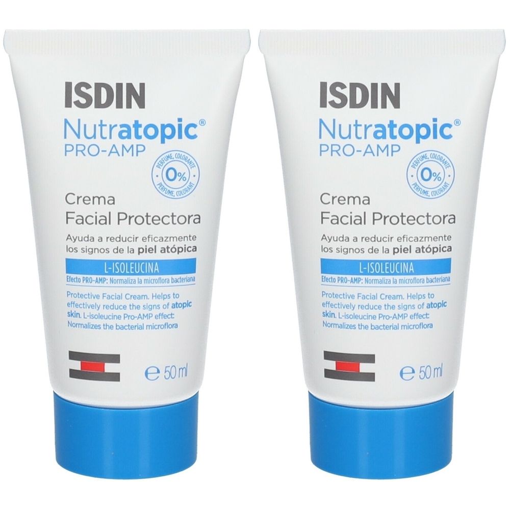 Deux tubes de crème ISDIN Nutratopic PRO-AMP. Tubes blancs avec bouchons bleus. Texte : ISDIN, Nutratopic, PRO-AMP, Creme Facial Protectora.