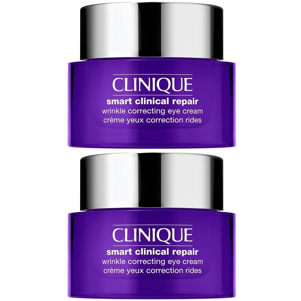 Deux pots violets avec couvercles argentés. On peut lire "CLINIQUE Smart Clinical Repair" et "crème yeux correction rides".