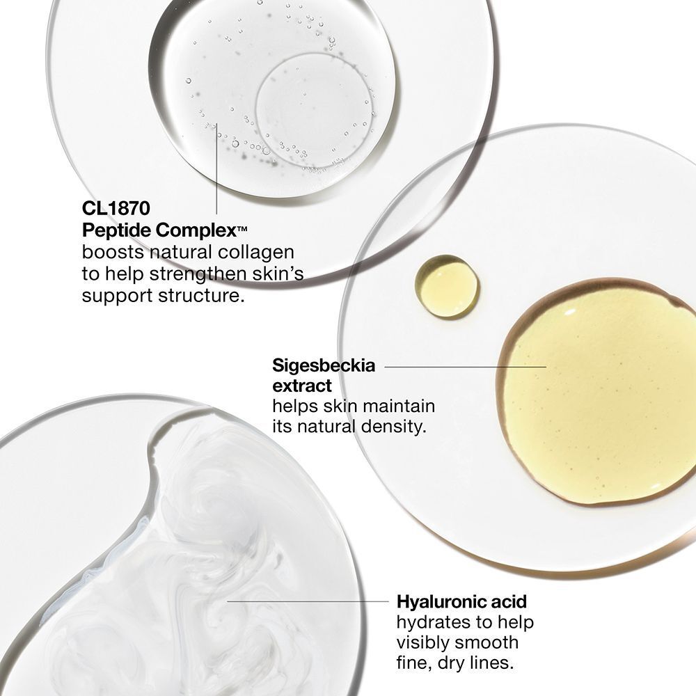 Gros plan sur les ingrédients : Complexe peptidique CL1870, extrait de Sigesbeckia, acide hyaluronique. Légendes.