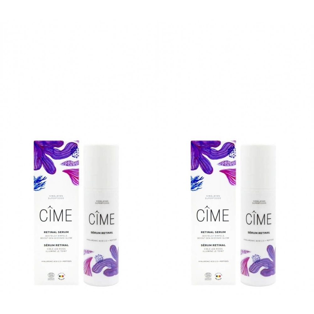 Deux flacons "CIME Sérum Rétinal" avec emballage. Flacons blancs, motif floral.