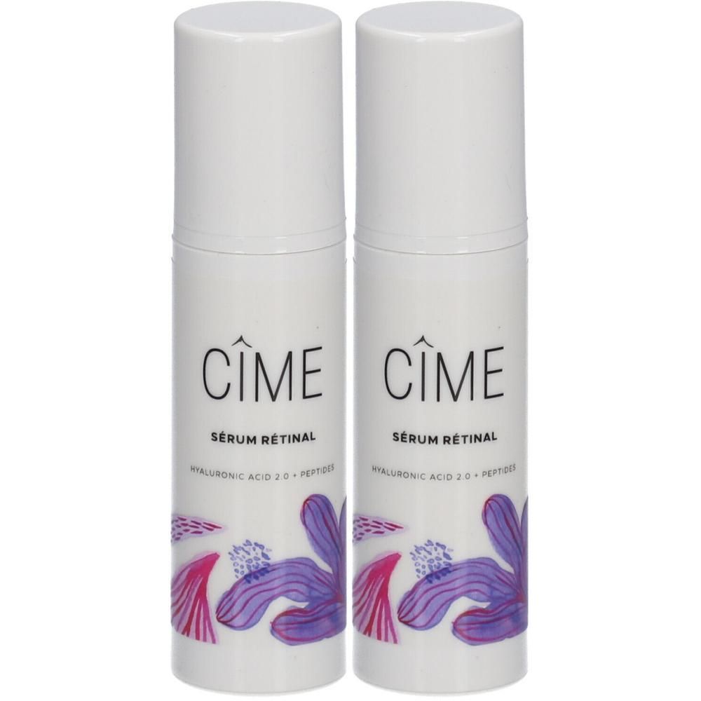 Deux flacons blancs avec l'inscription "CIME Sérum Rétinal". Motif floral en dessous.