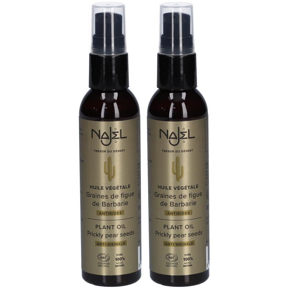 Deux flacons d'huile. Flacons en verre brun avec vaporisateur. Inscription: Najel, Huile Végétale, Graine de Figue de Barbarie.
