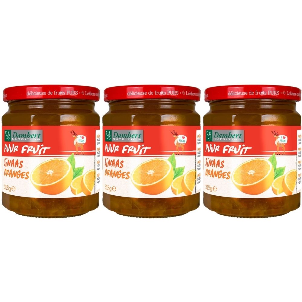 Trois pots de confiture avec couvercles rouges. L'étiquette indique Damhert, NUR FRUIT, SNAAS ORANGES. Une orange est illustrée.