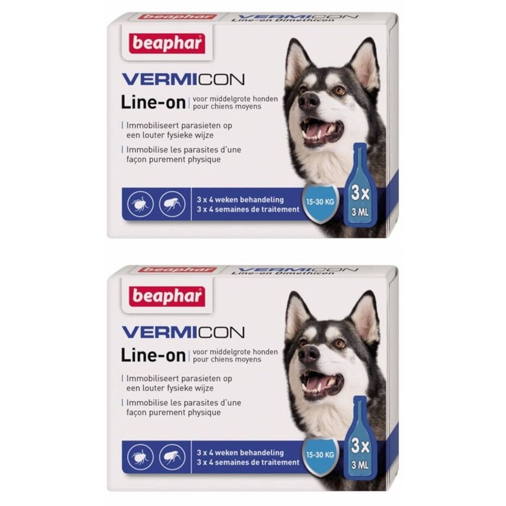 Deux boîtes de beaphar VERMICON Line-on. Boîtes blanches avec nom du produit, photo de chien et illustration de flacon.
