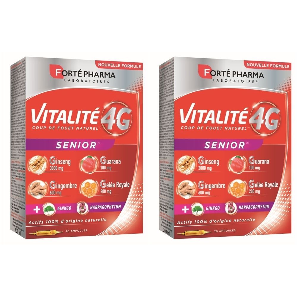 Deux boîtes de Forte Pharma Vitalité 4G Senior. Boîtes rouges et blanches avec nom du produit et illustrations d'ingrédients.