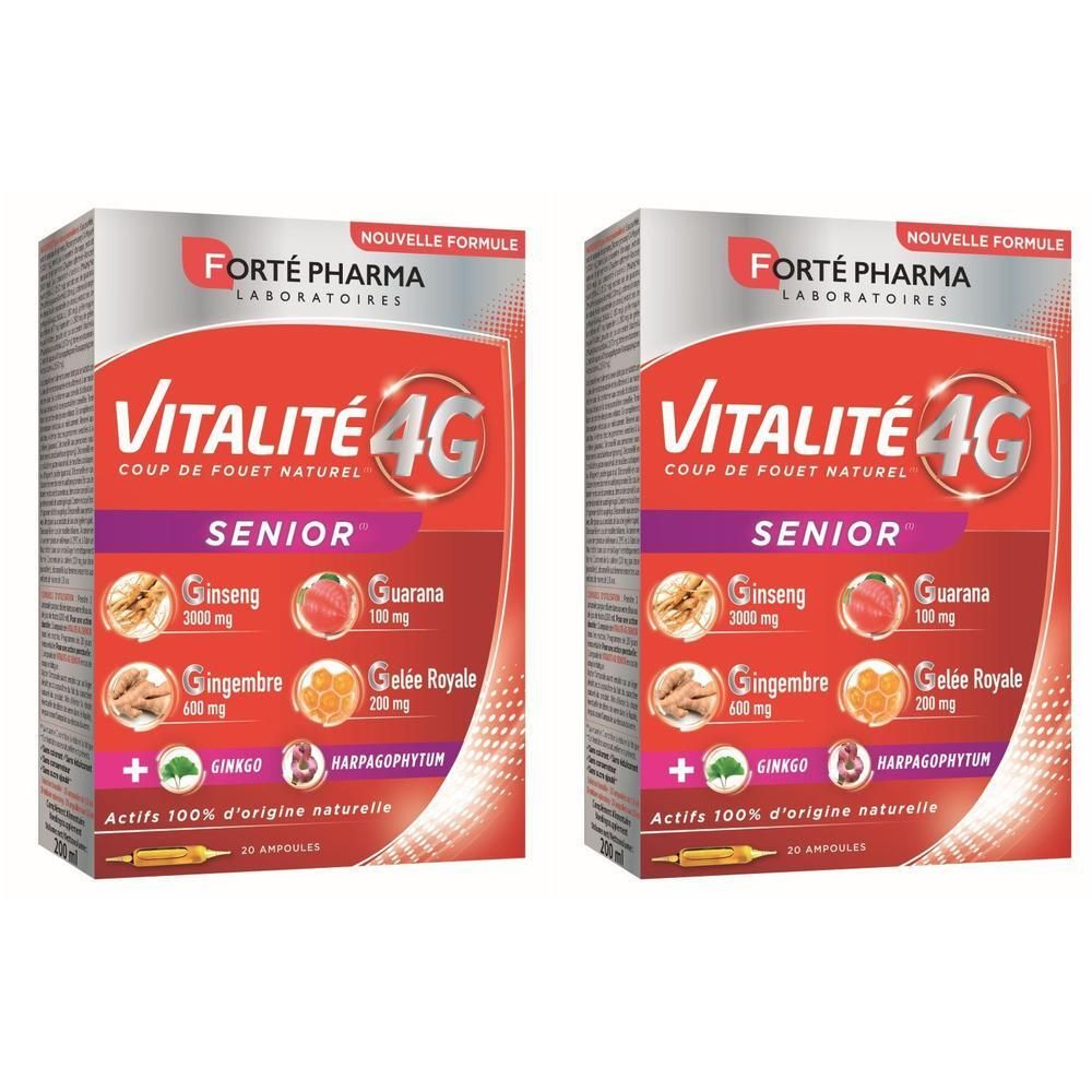 Deux boîtes de Forte Pharma Vitalité 4G Senior. Boîtes rouges et blanches avec nom du produit et illustrations d'ingrédients.