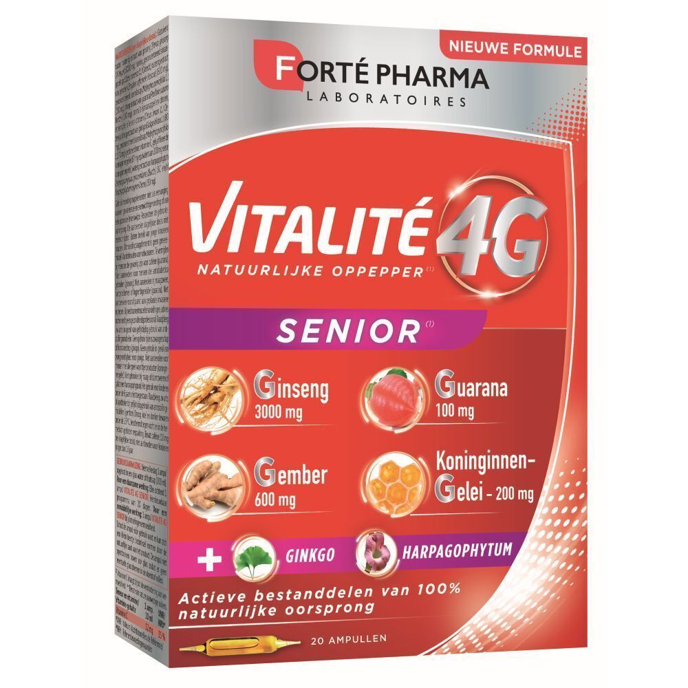 Boîte Forte Pharma Vitalité 4G Senior. Boîte rouge avec nom du produit, illustrations d'ingrédients et 20 ampoules.