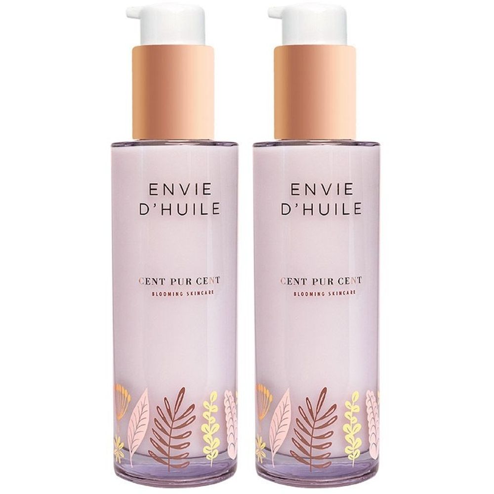 Deux flacons avec pompe. Inscription : Envie d'huile, Cent Pur Cent. Décor floral.