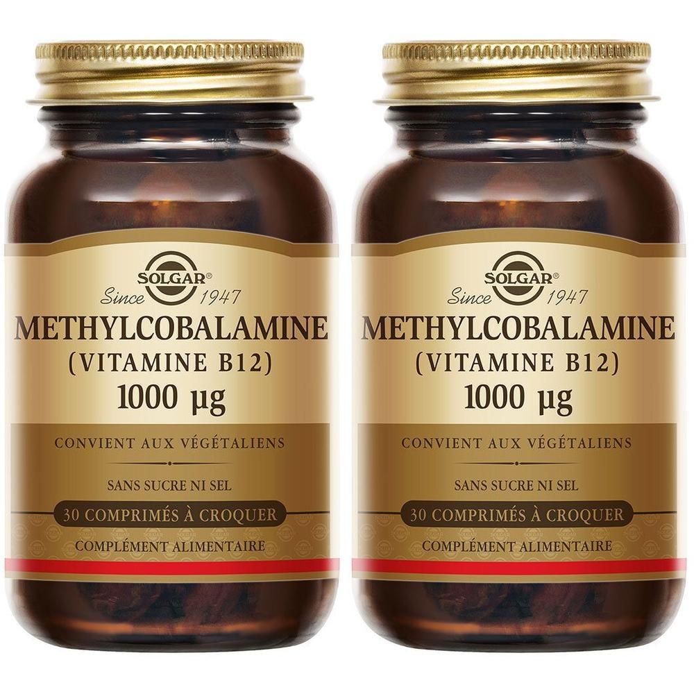 Deux flacons de Solgar Méthylcobalamine. Flacons en verre brun avec bouchons dorés. Étiquette avec informations.